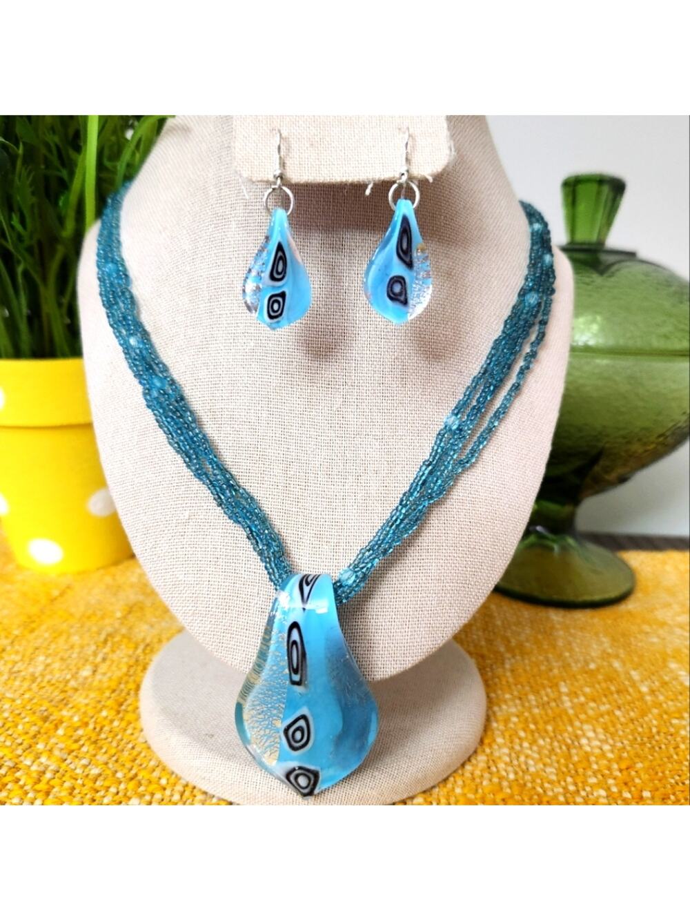 Blue glass beaded pendant necklace and earrings multi strand chain